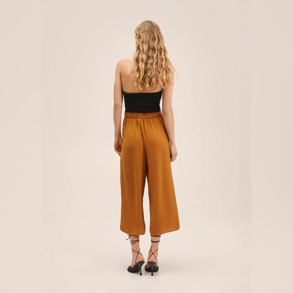 Mango Mustard Brown High Rise Tie Waist Wide Leg Crop Pants Medium - Picture 2 of 13